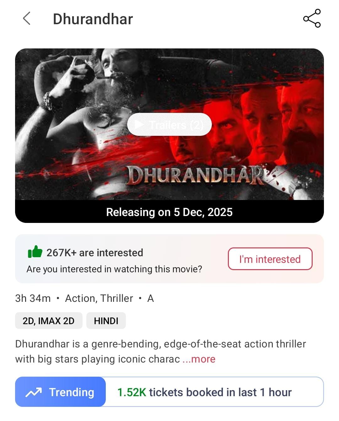 The pace of advance bookings for Dhurandhar has slowed down on BookMyShow. The pace of advance bookings for Dhurandhar has slowed down on BookMyShow.