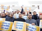 Leader of Opposition in the Himachal Pradesh assembly Jairam Thakur with BJP MLAs, stage a protest outside the Vidhan Sabha at Tapovan near Dharamshala. Leader of Opposition in the Himachal Pradesh assembly Jairam Thakur with BJP MLAs, stage a protest outside the Vidhan Sabha at Tapovan near Dharamshala.