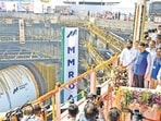 Mumbai, India. Dec 03, 2025 - The first Tunnel Boring Machine (TBM) for the Orange Gate to Marine Drive tunnel road project was launched in the presence of Chief Minister Devendra Fadnavis and Deputy Chief Minister Eknath Shinde at the front area, Princes Dock in Mumbai, India. Dec 03, 2025. (Photo by Raju Shinde/HT Photo) (Raju Shinde) Mumbai, India. Dec 03, 2025 - The first Tunnel Boring Machine (TBM) for the Orange Gate to Marine Drive tunnel road project was launched in the presence of Chief Minister Devendra Fadnavis and Deputy Chief Minister Eknath Shinde at the front area, Princes Dock in Mumbai, India. Dec 03, 2025. (Photo by Raju Shinde/HT Photo) (Raju Shinde)