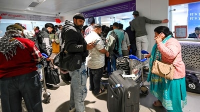 New Delhi, India - Dec. 4, 2025: Passengers seen in heavy rush and chaos at the IndiGo counter at IGI Airport’s Terminal 1, in New Delhi, India, on Thursday, December 4, 2025. (Photo by Sanjeev Verma/ Hindustan Times) (Hindustan Times) New Delhi, India - Dec. 4, 2025: Passengers seen in heavy rush and chaos at the IndiGo counter at IGI Airport’s Terminal 1, in New Delhi, India, on Thursday, December 4, 2025. (Photo by Sanjeev Verma/ Hindustan Times) (Hindustan Times)