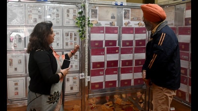 Special stamps on display at the Dr Manmohan Singh Auditorium of Punjab Agricultural University. (Manish/Hindustan Times) Special stamps on display at the Dr Manmohan Singh Auditorium of Punjab Agricultural University. (Manish/Hindustan Times)