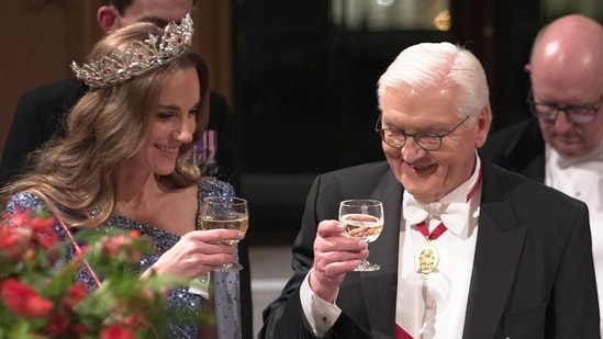 Catherine, the Princess of Wales stands next to German President Frank-Walter Steinmeier , during the state banquet for the German President and his wife Elke Budenbender, at Windsor Castle, Berkshire, Britain(via REUTERS)