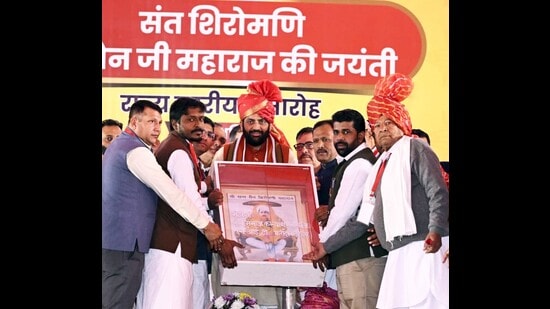 Haryana chief minister Nayab Singh Saini during a state-level function organised at Anaj Mandi in Ladwa to commemorate the birth anniversary of Sant Shiromani Sen Ji Maharaj on Thursday. (File)