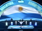 Argentina's flag is displayed on a scren during the draw for the 2026 FIFA Football World Cup taking place in the US, Canada and Mexico,(AFP)