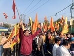 Shri Mata Vaishno Devi Sangharsh Samiti members during a protest at the Tawi Bridge in Jammu on Friday. (ANI)