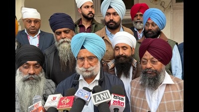 Gurdaspur MP Sukhjinder Singh Randhawa addressing media persons after meeting Akal Takht jathedar Giani Kuldeep Singh Gargaj in Amritsar on Friday. (HT Photo )