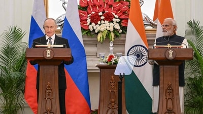 PM Modi and Russian President Putin addressed a joint press meet on Friday. (AFP) PM Modi and Russian President Putin addressed a joint press meet on Friday. (AFP)
