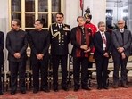 Chief of the Naval Staff Admiral Dinesh Kumar Tripathi, Congress MP Shashi Tharoor and other dignitaries during a state banquet at Rashtrapati Bhavan, in New Delhi, Friday