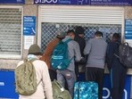 Passengers gather at the ticket counter amid nationwide delays and cancellations of IndiGo flights at Jammu airport on Saturday. (ANI Photo) Passengers gather at the ticket counter amid nationwide delays and cancellations of IndiGo flights at Jammu airport on Saturday. (ANI Photo)