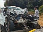The mangled remains of the car in which the tourists were travelling on Saturday. (HT PHOTO)