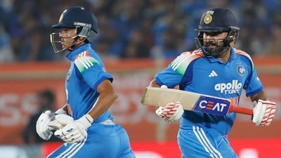 Rohit Sharma and Yashasvi Jaiswal started off watchfully and taking their time, but then stepped up the scoring rate. In all, the pair put up a 155-run stand to ensure India were on their way to a win, before Rohit was dismissed on 75. (BCCI X) Rohit Sharma and Yashasvi Jaiswal started off watchfully and taking their time, but then stepped up the scoring rate. In all, the pair put up a 155-run stand to ensure India were on their way to a win, before Rohit was dismissed on 75. (BCCI X)