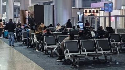 As per airport authorities, out of the total 49 IndiGo flights scheduled for the day, including 22 arrivals and 27 departures, 18 flights were cancelled – eight inbound and 10 outbound. (HT_PRINT) As per airport authorities, out of the total 49 IndiGo flights scheduled for the day, including 22 arrivals and 27 departures, 18 flights were cancelled – eight inbound and 10 outbound. (HT_PRINT)