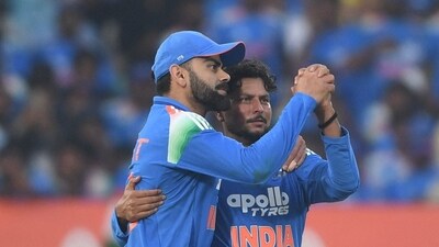 Virat Kohli shares a dance with Kuldeep Yadav after a wicket. He took 4 in the innings, including the crucial scalps of Dewald Brevis and Marco Jansen in the same over. Broke the back of the Protean innings. (AFP) Virat Kohli shares a dance with Kuldeep Yadav after a wicket. He took 4 in the innings, including the crucial scalps of Dewald Brevis and Marco Jansen in the same over. Broke the back of the Protean innings. (AFP)