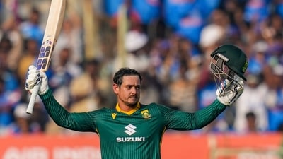 De Kock's remarkable track record against India continued as he scored his 7th ton in the format against the men in blue. His 23rd century of his career, his second since his retirement u-turn. (PTI) De Kock's remarkable track record against India continued as he scored his 7th ton in the format against the men in blue. His 23rd century of his career, his second since his retirement u-turn. (PTI)