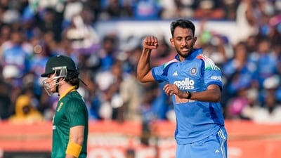 Prasidh Krishna was expensive in his first spell and seemed his woes would continue, but it was a remarkable comeback. The wickets of Matthew Breetzke and Aiden Markram in the same over, before blowing apart Quinton de Kock's stumps later in the spell. Finished with 4 wickets. (PTI) Prasidh Krishna was expensive in his first spell and seemed his woes would continue, but it was a remarkable comeback. The wickets of Matthew Breetzke and Aiden Markram in the same over, before blowing apart Quinton de Kock's stumps later in the spell. Finished with 4 wickets. (PTI)