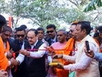 BJP national president JP Nadda inaugurates the newly constructed BJP office, in Deoghar on Saturday. (ANI)