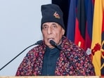 Defence minister Rajnath Singh addresses the soldiers during the dedication to the nation of 125 border infrastructure projects, in Leh on Sunday. (@DefenceMinIndia / X)