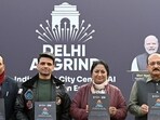 Delhi CM Rekha Gupta with Minister of Education Delhi Ashish Sood and IAF Test Pilot Gaganyatri Mission ISRO Shubhanshu Shukla during the Delhi AI Grind. (Ishant Chauhan/HT Photo) Delhi CM Rekha Gupta with Minister of Education Delhi Ashish Sood and IAF Test Pilot Gaganyatri Mission ISRO Shubhanshu Shukla during the Delhi AI Grind. (Ishant Chauhan/HT Photo)