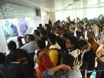 Indigo flights cancelled flights highlights: Passengers with their luggage stranded at a Indigo Airlines Ticketing counter at T-1 Terminal of Indira Gandhi International Airport (IGI) in New Delhi.