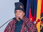 Defence Minister Rajnath Singh addresses the gathering during an event regarding infrastructure projects of Border Roads Organisation (BRO). 