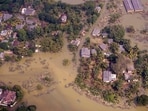 An aerial view of submerged houses in a flooded area caused by heavy rainfall following Cyclone Ditwah in Niyamgamdora, Sri Lanka, December 2, 2025.