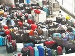 Stranded passenger luggage at T1 of IGI Airport due to mass cancellation of IndiGo flights. (RAJ K RAJ /HT PHOTO)