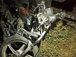 The mangled remains of the motorcycle after the mishap near Boparai Kalan village in Ludhiana on Saturday night. (HT) The mangled remains of the motorcycle after the mishap near Boparai Kalan village in Ludhiana on Saturday night. (HT)
