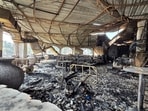 The charred interiors of the Goa nightclub, which caught fire early Sunday, in Arpora.