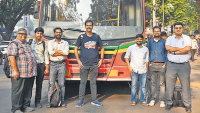 Mumbai, India. Dec 05, 2025 - BEST bus saves campaign volunteers pose with the bus at Dadar. Mumbai, India, Dec 05, 2025. (Photo by Raju Shinde/HT Photo) (Raju Shinde) Mumbai, India. Dec 05, 2025 - BEST bus saves campaign volunteers pose with the bus at Dadar. Mumbai, India, Dec 05, 2025. (Photo by Raju Shinde/HT Photo) (Raju Shinde)