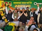 JJP national president Ajay Singh Chautala and ex-deputy CM Dushyant Chautala during the rally in Jind’s Julana. (Sourced)