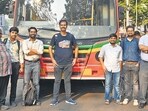 Mumbai, India. Dec 05, 2025 - BEST bus saves campaign volunteers pose with the bus at Dadar. Mumbai, India, Dec 05, 2025. (Photo by Raju Shinde/HT Photo) (Raju Shinde)