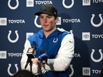 Indianapolis Colts quarterback Riley Leonard (15) speaks during a press conference