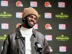 Cleveland Browns quarterback Shedeur Sanders responds to a question during a news conference Cleveland Browns quarterback Shedeur Sanders responds to a question during a news conference