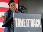 U.S. Rep. Jasmine Crockett, D-Texas, speaks to the crowd before California Gov. Gavin Newsom took the stage during a rally with Harris County Democrats at the IBEW local 716 union hall on Saturday, Nov. 8, 2025, in Houston. (AP Photo/Karen Warren)