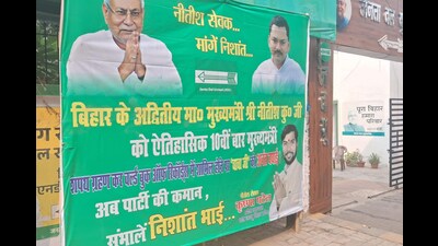 A poster demanding Nishant's entry into politics put up outside JD(U) office in Patna, Monday (SANTOSH KUMAR/HT) A poster demanding Nishant's entry into politics put up outside JD(U) office in Patna, Monday (SANTOSH KUMAR/HT)