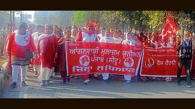 Anganwadi workers during a protest rally near Gill road in Ludhiana on Monday. (HT Photo) Anganwadi workers during a protest rally near Gill road in Ludhiana on Monday. (HT Photo)