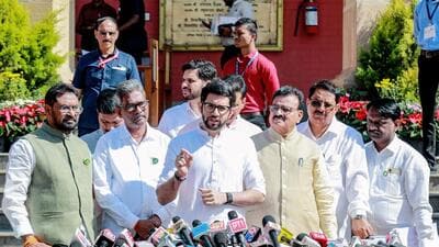 Shiv Sena (Uddhav Balasaheb Thackeray) leader Aditya Thackeray addresses the media on the first day of the Winter Session of the Maharashtra legislative assembly, at Vidhan Bhavan premises, in Nagpur on Monday. (ANI Photo) Shiv Sena (Uddhav Balasaheb Thackeray) leader Aditya Thackeray addresses the media on the first day of the Winter Session of the Maharashtra legislative assembly, at Vidhan Bhavan premises, in Nagpur on Monday. (ANI Photo)