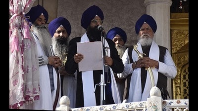 Sikh high priests pronouncing tankhah at Akal Takht on Monday. (Sameer Sehgal/HT) Sikh high priests pronouncing tankhah at Akal Takht on Monday. (Sameer Sehgal/HT)