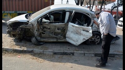 The mangled remains of the car near Ladhowal which claimed lives of five people on intervening night of Sunday. (HT)