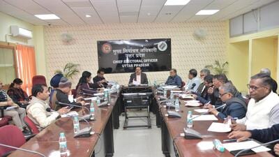 Uttar Pradesh chief electoral officer Navdeep Rinwa at a meeting with representatives of political parties on Monday. (SOURCED) Uttar Pradesh chief electoral officer Navdeep Rinwa at a meeting with representatives of political parties on Monday. (SOURCED)