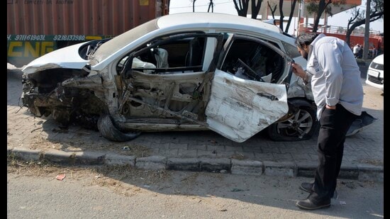 The mangled remains of the car near Ladhowal which claimed lives of five people on intervening night of Sunday. (HT)