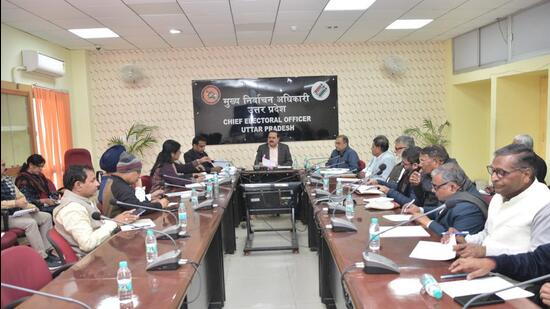 Uttar Pradesh chief electoral officer Navdeep Rinwa at a meeting with representatives of political parties on Monday. (SOURCED)