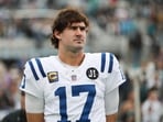 Indianapolis Colts quarterback Daniel Jones (17) stands on the field prior to a game against the Jacksonville Jaguars 