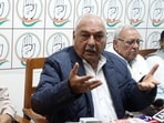 Ex-CM and leader of Opposition Bhupinder Singh Hooda addresses a press conference in Rohtak on Monday. (Manoj Dhaka/HT)