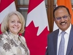 Indian NSA Ajit Doval meets his Canadian counterpart Nathalie G Drouin in New Delhi on September 18. (PTI)