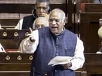 Leader of the Opposition in Rajya Sabha, Mallikarjun Kharge, speaks in the House during the winter session of Parliament, in New Delhi, on Tuesday. (PTI)