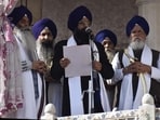 Sikh high priests pronouncing tankhah at Akal Takht on Monday. (Sameer Sehgal/HT) Sikh high priests pronouncing tankhah at Akal Takht on Monday. (Sameer Sehgal/HT)