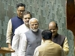 Prime Minister Narendra Modi, Leader of the Opposition Rahul Gandhi and Union Minister for Parliamentary Affairs Kiren Rijiju.