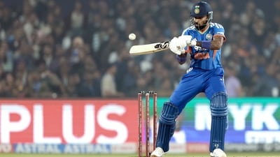 Hardik Pandya struck a six and four off Lutho Sipamla (2/38) in the 19th over, and reached his half-century in 25 balls with a ramped six over third man off Nortje in the final over. (BCCI-X)