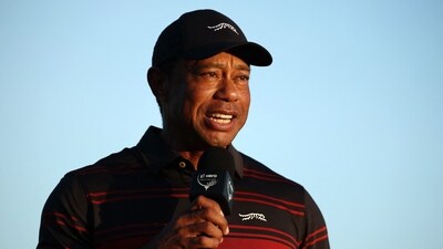 Tiger Woods of the United States speaks during the trophy presentation on the 18th green after the final round of the Hero World Challenge 2025 at Albany Golf Course on December 7th in Nassau, Bahamas. (Getty Images via AFP) Tiger Woods of the United States speaks during the trophy presentation on the 18th green after the final round of the Hero World Challenge 2025 at Albany Golf Course on December 7th in Nassau, Bahamas. (Getty Images via AFP)